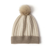 Cashmere Ribbed Knit Beanie with Faux Fur Pom Cashmere Winter Hat Beige M