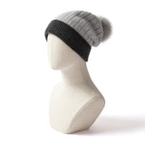 Cashmere Ribbed Knit Beanie with Faux Fur Pom Cashmere Winter Hat Gray M