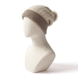 Cashmere Ribbed Knit Beanie with Faux Fur Pom Cashmere Winter Hat Beige M