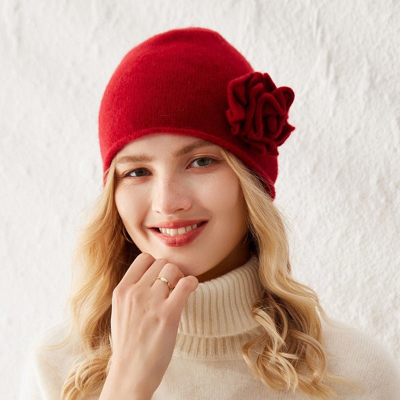 Womens Cashmere Beanie Hat With Handmade Crochet Flower Floral Hats Red M