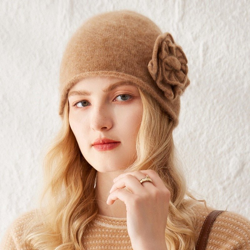 Womens Cashmere Beanie Hat With Handmade Crochet Flower Floral Hats Camel M