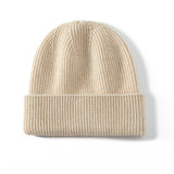 Unisex Cashmere Cable Knit Beanie Ribbing Cuffs Cashmere Winter Hat Beige M