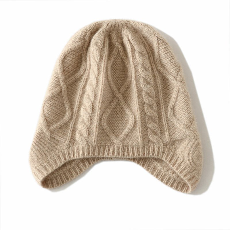 Pure Cashmere Cable Knit Hat with Ear Flaps Beanie Hat Earmuff Beige M