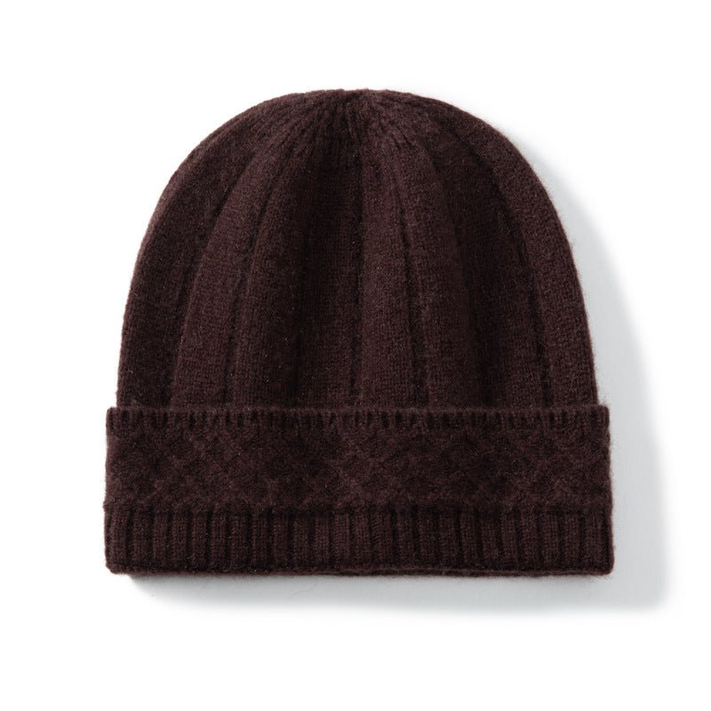 Womens Cable Knit Cashmere Beanie Hat Cashmere Cap Ribbed Cuffs Brown M