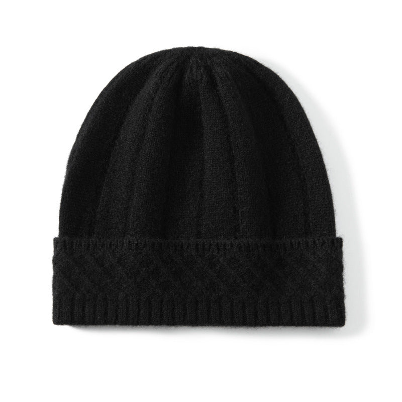Womens Cable Knit Cashmere Beanie Hat Cashmere Cap Ribbed Cuffs Black M