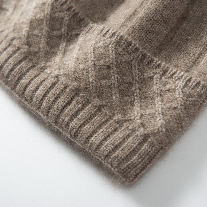 Womens Cable Knit Cashmere Beanie Hat Cashmere Cap Ribbed Cuffs Taupe M