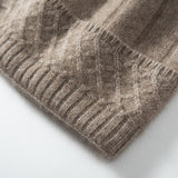 Womens Cable Knit Cashmere Beanie Hat Cashmere Cap Ribbed Cuffs Taupe M