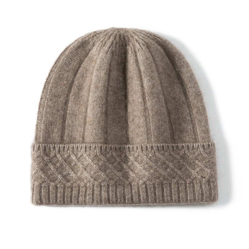 Womens Cable Knit Cashmere Beanie Hat Cashmere Cap Ribbed Cuffs Taupe M