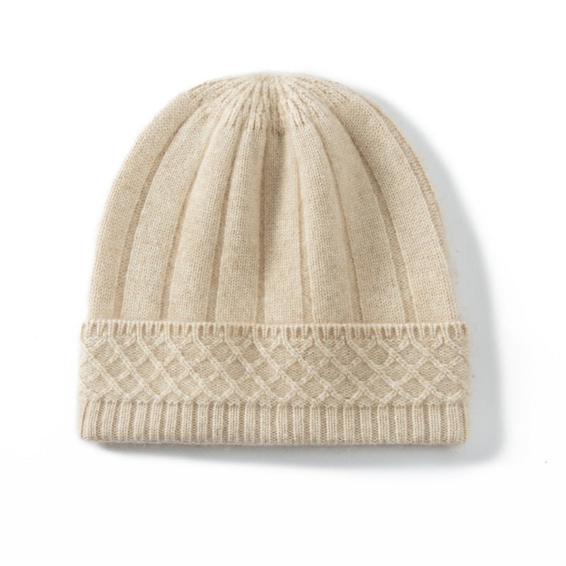 Womens Cable Knit Cashmere Beanie Hat Cashmere Cap Ribbed Cuffs Beige M