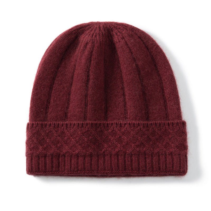 Womens Cable Knit Cashmere Beanie Hat Cashmere Cap Ribbed Cuffs Red M