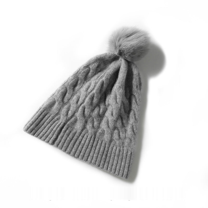 Pure Cashmere Cable Knit Beanie Fur Pom Cashmere Cuffed Winter Cap Gray M