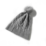 Pure Cashmere Cable Knit Beanie Fur Pom Cashmere Cuffed Winter Cap Gray M
