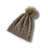 Pure Cashmere Cable Knit Beanie Fur Pom Cashmere Cuffed Winter Cap Taupe M