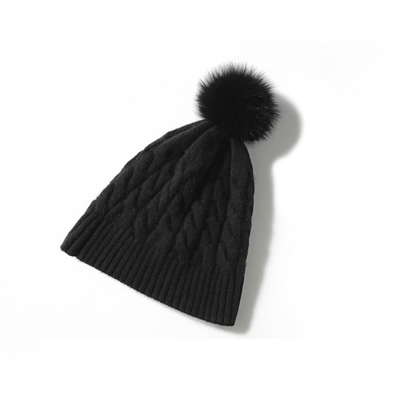 Pure Cashmere Cable Knit Beanie Fur Pom Cashmere Cuffed Winter Cap Black M