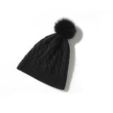 Pure Cashmere Cable Knit Beanie Fur Pom Cashmere Cuffed Winter Cap Black M