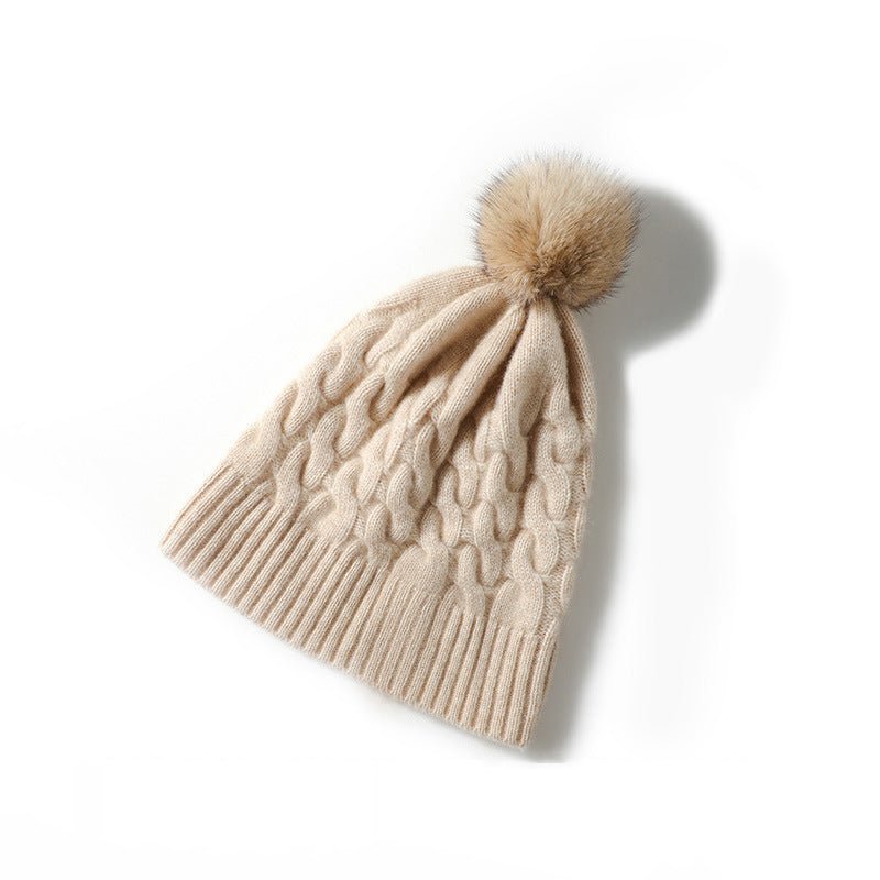 Pure Cashmere Cable Knit Beanie Fur Pom Cashmere Cuffed Winter Cap Beige M