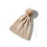 Pure Cashmere Cable Knit Beanie Fur Pom Cashmere Cuffed Winter Cap Beige M