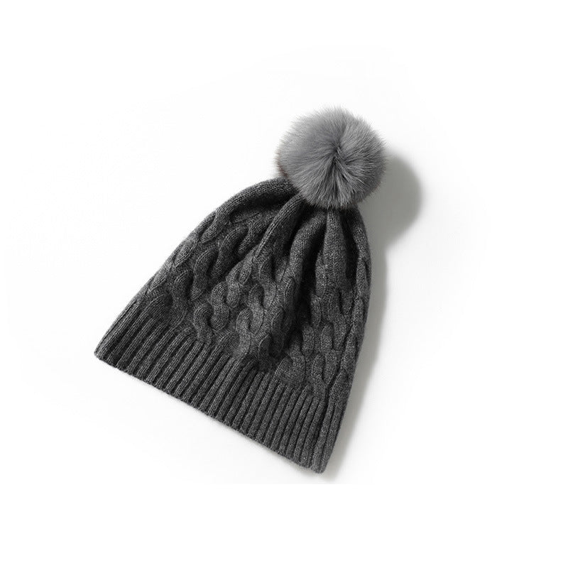 Pure Cashmere Cable Knit Beanie Fur Pom Cashmere Cuffed Winter Cap Dark Gray M