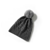 Pure Cashmere Cable Knit Beanie Fur Pom Cashmere Cuffed Winter Cap Dark Gray M