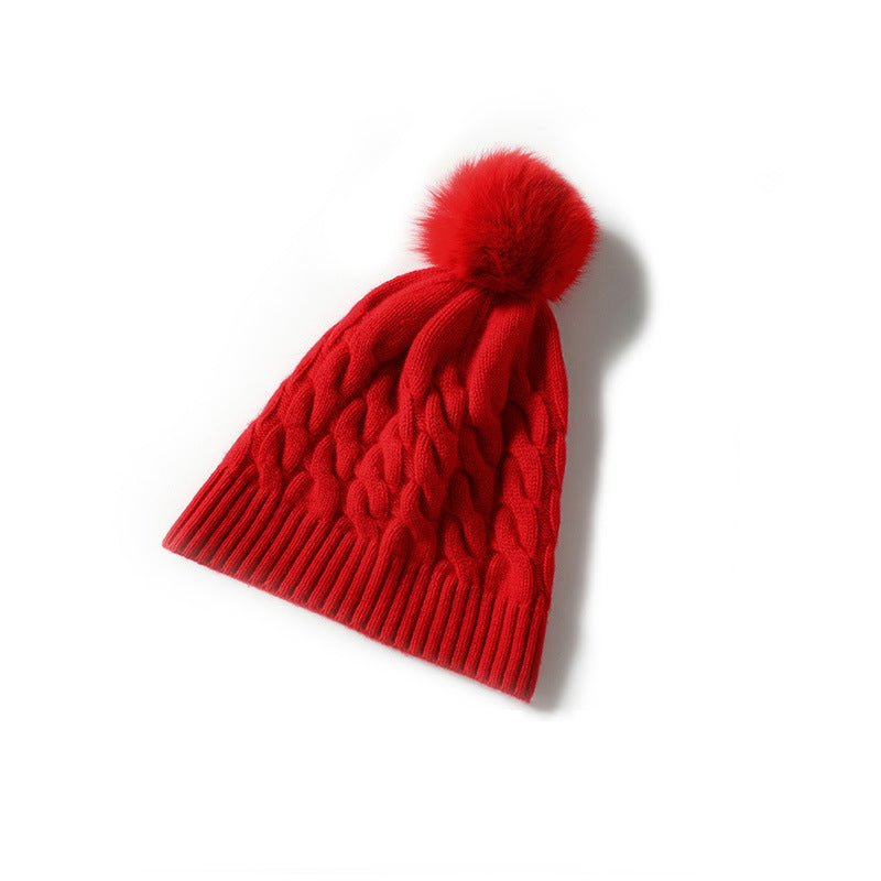 Pure Cashmere Cable Knit Beanie Fur Pom Cashmere Cuffed Winter Cap Red M