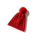 Pure Cashmere Cable Knit Beanie Fur Pom Cashmere Cuffed Winter Cap Red M