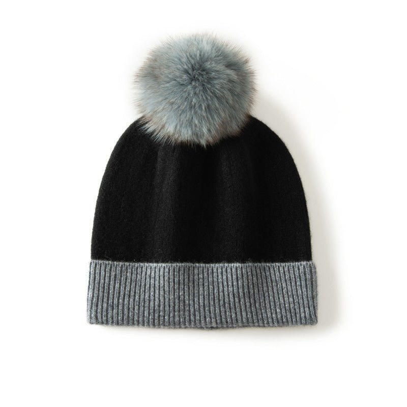 Womens Pure Cashmere Hat with Fur Pom Cashmere Ribbed Knit Winter Hat Black M