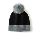 Womens Pure Cashmere Hat with Fur Pom Cashmere Ribbed Knit Winter Hat Black M