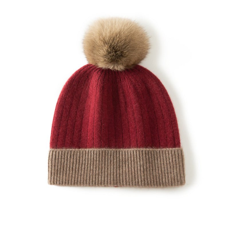 Womens Pure Cashmere Hat with Fur Pom Cashmere Ribbed Knit Winter Hat Claret M