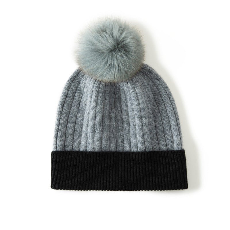 Womens Pure Cashmere Hat with Fur Pom Cashmere Ribbed Knit Winter Hat Gray M