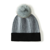 Womens Pure Cashmere Hat with Fur Pom Cashmere Ribbed Knit Winter Hat Gray M