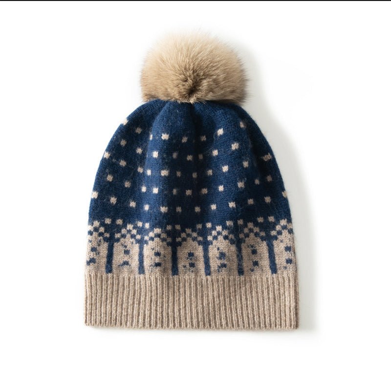 Reindeer Cashmere Beanie With Fur Pom Ribbed Knit Cashmere Hat Blue M