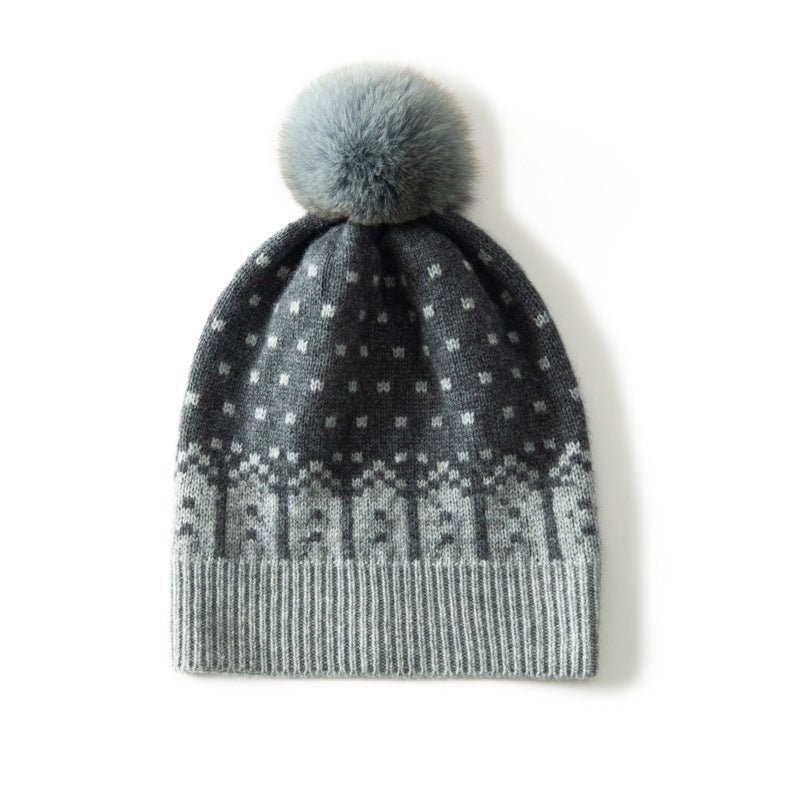 Reindeer Cashmere Beanie With Fur Pom Ribbed Knit Cashmere Hat Gray M