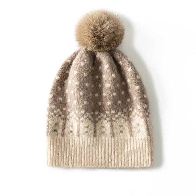 Reindeer Cashmere Beanie With Fur Pom Ribbed Knit Cashmere Hat Taupe M