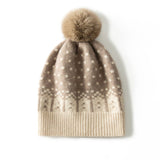 Reindeer Cashmere Beanie With Fur Pom Ribbed Knit Cashmere Hat Taupe M