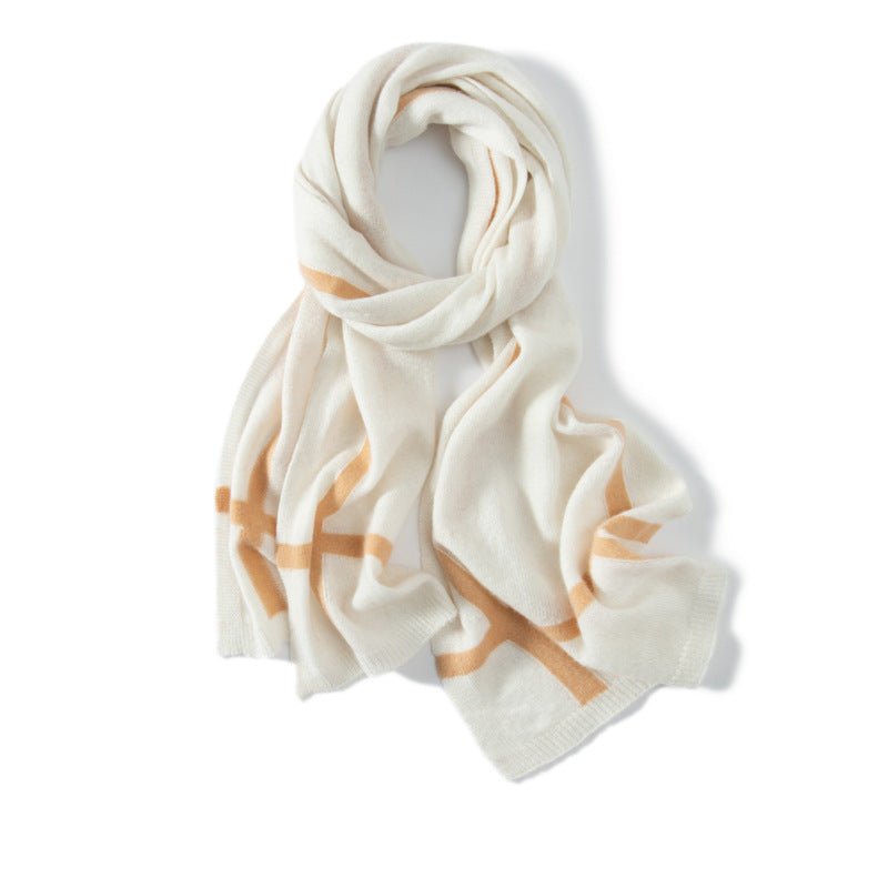 Long Striped Cashmere Blend Scarf Women Pure Cashmere Scarves White L