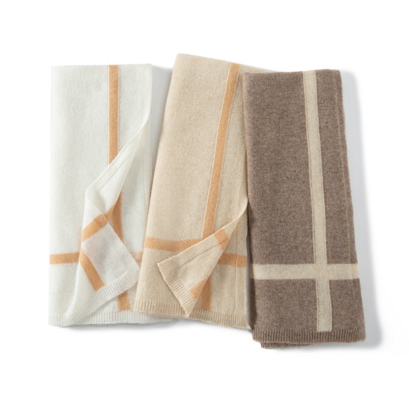 Long Striped Cashmere Blend Scarf Women Pure Cashmere Scarves White L