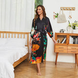 100% Floral Nature - inspired Prints Silk Kimono Robe Black One size fits most