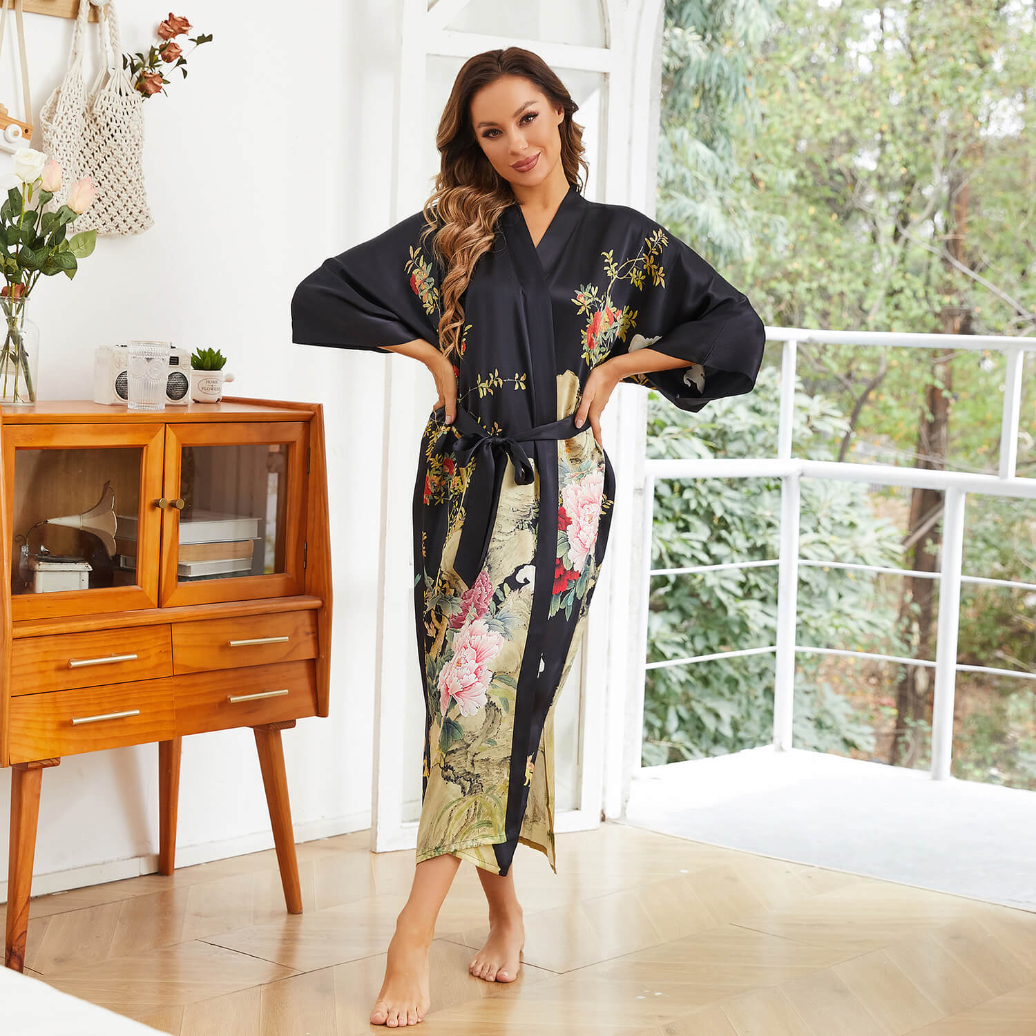 Floral Print Silk Kimono Robes Peony Blossoms Silk Bathrobe Black One size fits most