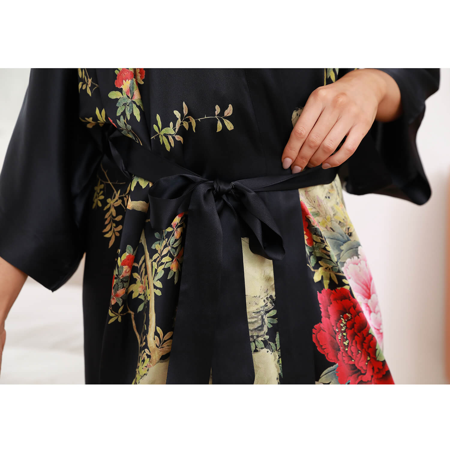 Floral Print Silk Kimono Robes Peony Blossoms Silk Bathrobe Black One size fits most