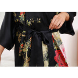Floral Print Silk Kimono Robes Peony Blossoms Silk Bathrobe Black One size fits most