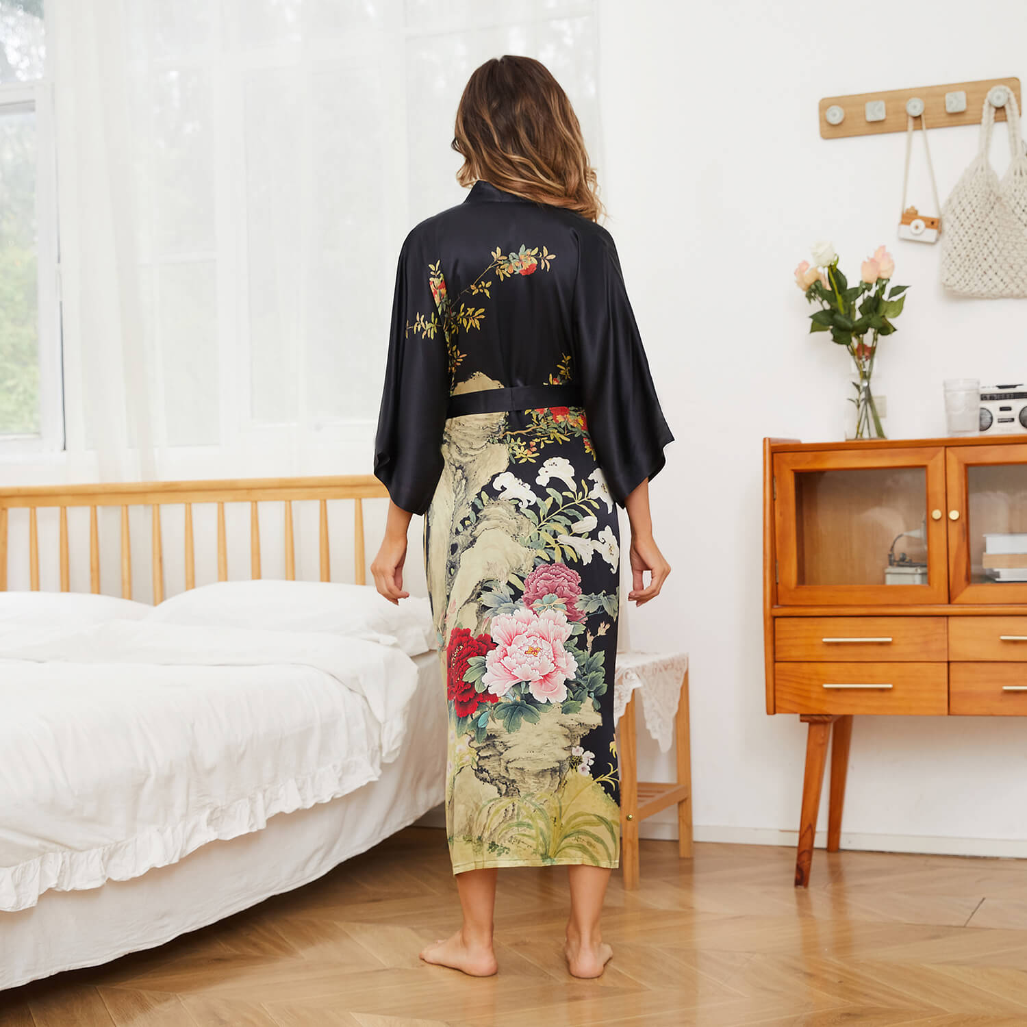 Floral Print Silk Kimono Robes Peony Blossoms Silk Bathrobe Black One size fits most