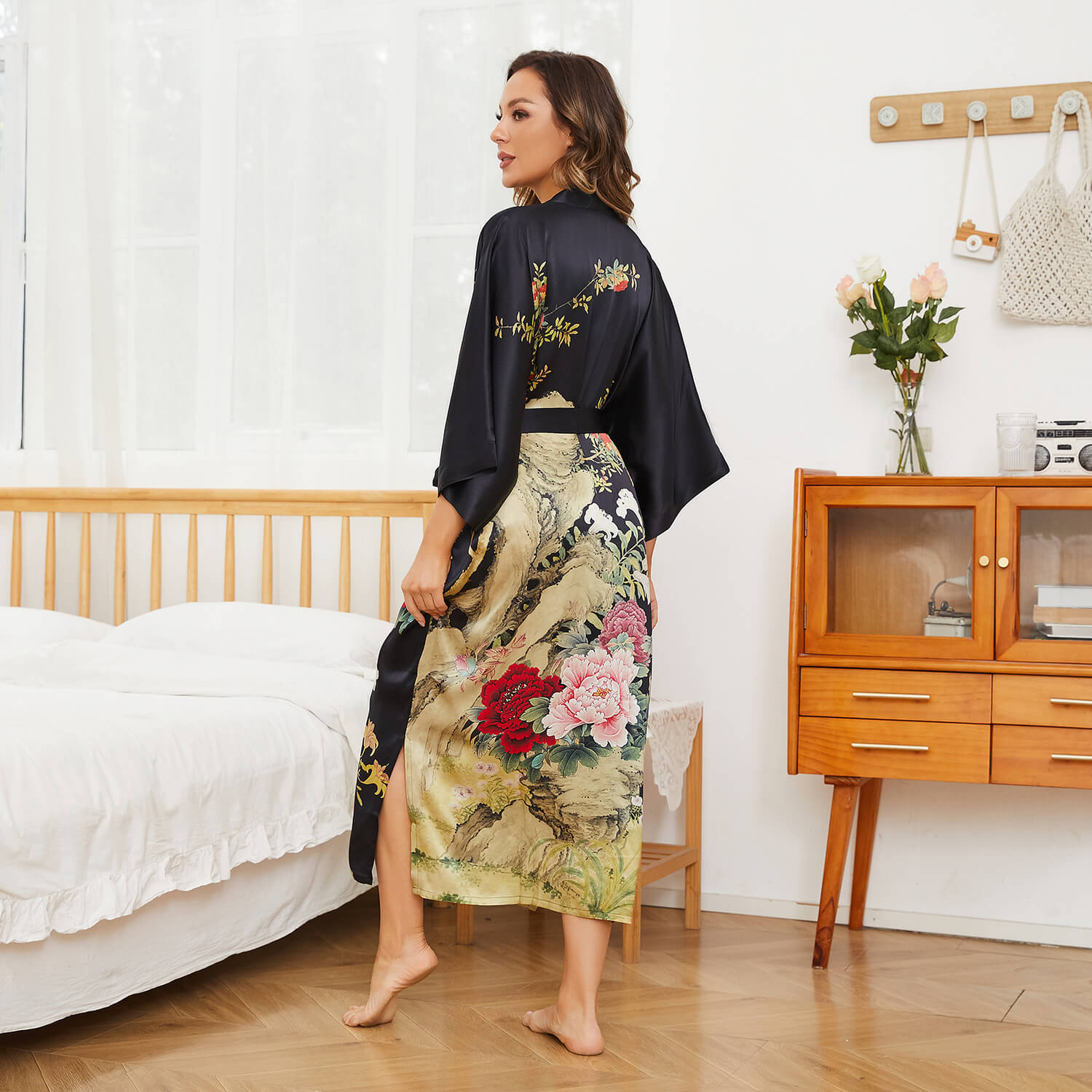 Floral Print Silk Kimono Robes Peony Blossoms Silk Bathrobe Black One size fits most