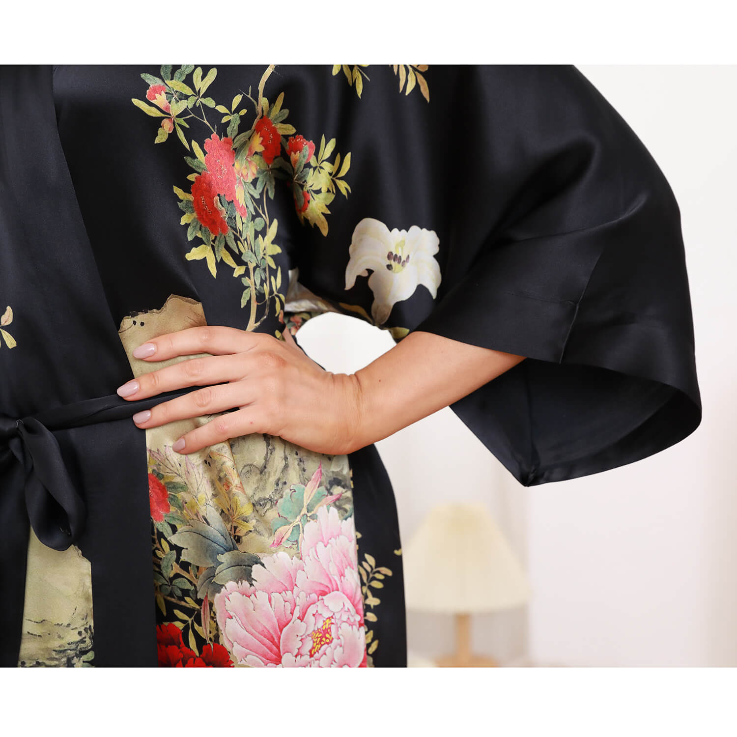 Floral Print Silk Kimono Robes Peony Blossoms Silk Bathrobe Black One size fits most