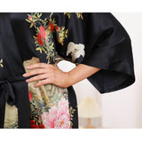 Floral Print Silk Kimono Robes Peony Blossoms Silk Bathrobe Black One size fits most