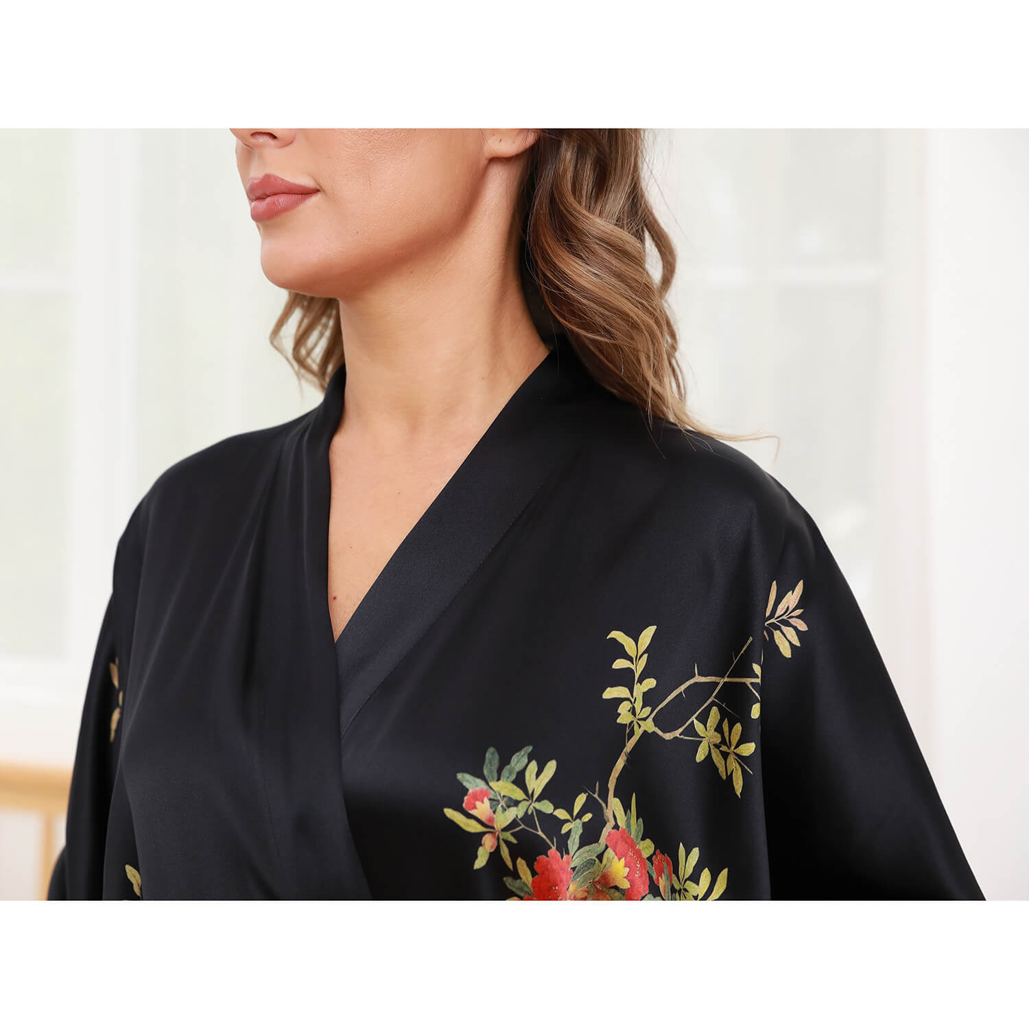Floral Print Silk Kimono Robes Peony Blossoms Silk Bathrobe Black One size fits most