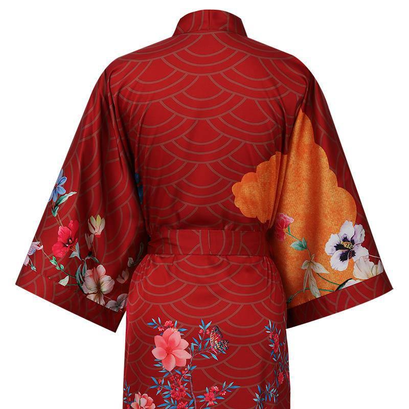 100% Floral Nature - inspired Prints Silk Kimono Robe Red One size fits most