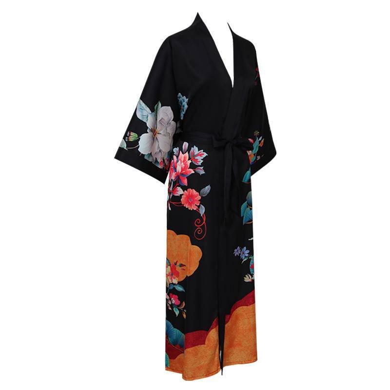 100% Floral Nature - inspired Prints Silk Kimono Robe Black One size fits most