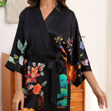 100% Floral Nature - inspired Prints Silk Kimono Robe Black One size fits most