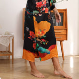100% Floral Nature - inspired Prints Silk Kimono Robe Black One size fits most