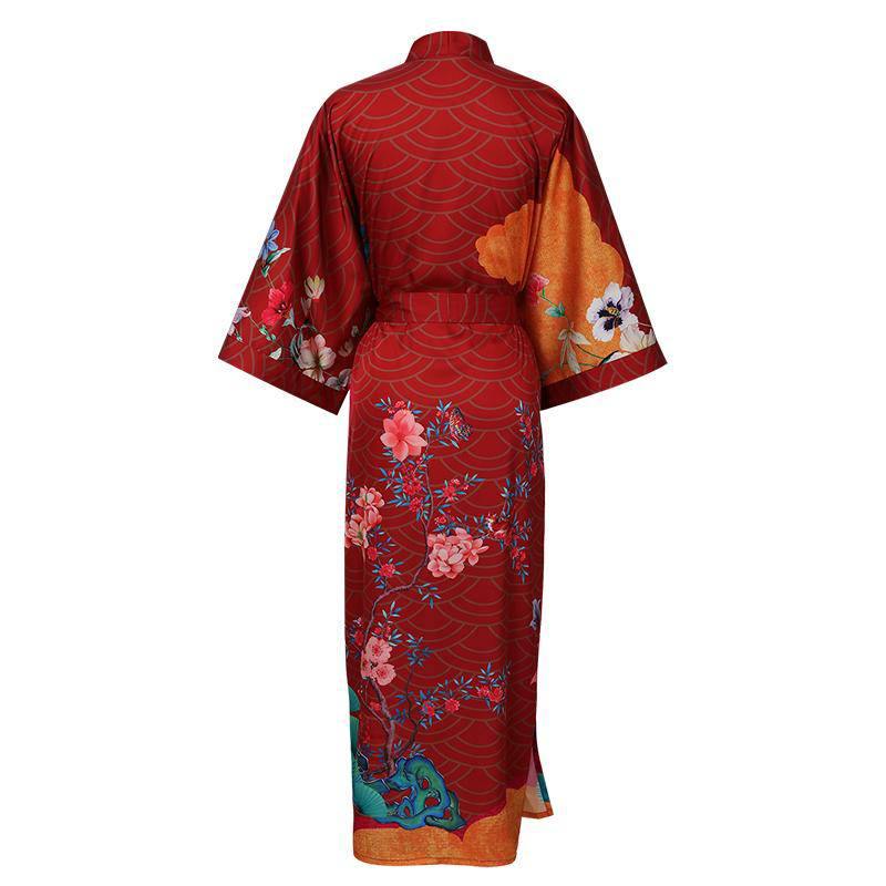 100% Floral Nature - inspired Prints Silk Kimono Robe Red One size fits most